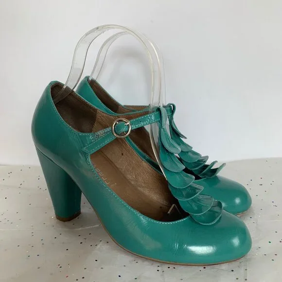 Jeffrey Campbell Y2K Frill Teal Blue Green Ruffle T strap Retro Inspired Pump 7 - Picture 2 of 10